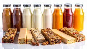 Modern image, clean product shots showing colorful protein bars, beverages, and healthy snacks arranged on a minimalist background with subtle ingredient highlights (oats, nuts, fruits)