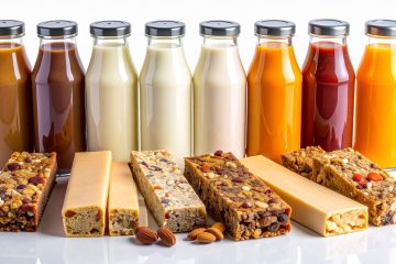 Modern image, clean product shots showing colorful protein bars, beverages, and healthy snacks arranged on a minimalist background with subtle ingredient highlights (oats, nuts, fruits)