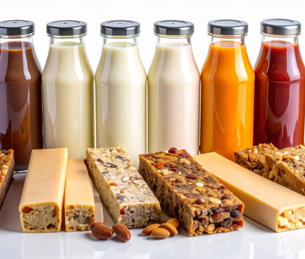 Modern image, clean product shots showing colorful protein bars, beverages, and healthy snacks arranged on a minimalist background with subtle ingredient highlights (oats, nuts, fruits)