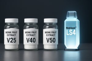 Four bottles. The first three have plain labels marked V25, V40, and V50. The fourth bottle is glowing blue and contains MonkSweet LS4
