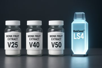 Four bottles. The first three have plain labels marked V25, V40, and V50. The fourth bottle is glowing blue and contains MonkSweet LS4