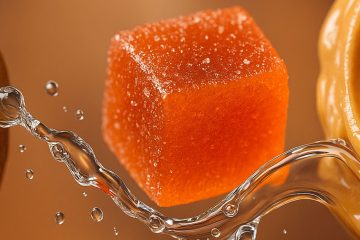 A macro shot of fresh food applications (soft-baked keto cookie, chewy gummy, glossy nut butter) all integrated in one panoramic composition, connected by a soft ribbon of water droplets. Why it works: Instantly ties glycerin’s functionality to real-life products — moisture, freshness, texture — while still looking premium.
