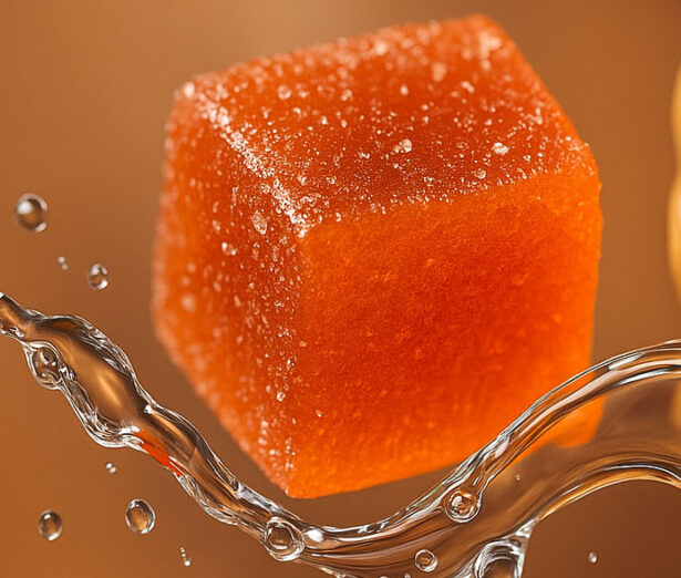 A macro shot of fresh food applications (soft-baked keto cookie, chewy gummy, glossy nut butter) all integrated in one panoramic composition, connected by a soft ribbon of water droplets. Why it works: Instantly ties glycerin’s functionality to real-life products — moisture, freshness, texture — while still looking premium.