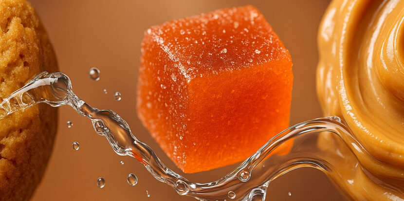 A macro shot of fresh food applications (soft-baked keto cookie, chewy gummy, glossy nut butter) all integrated in one panoramic composition, connected by a soft ribbon of water droplets. Why it works: Instantly ties glycerin’s functionality to real-life products — moisture, freshness, texture — while still looking premium.