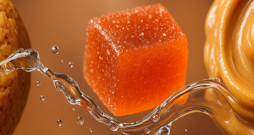 A macro shot of fresh food applications (soft-baked keto cookie, chewy gummy, glossy nut butter) all integrated in one panoramic composition, connected by a soft ribbon of water droplets. Why it works: Instantly ties glycerin’s functionality to real-life products — moisture, freshness, texture — while still looking premium.