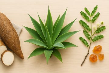 Picture of tapioca root, agave leaves, and acacia.