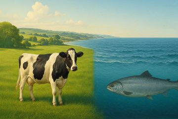 A cow in a pasture with a fish in the ocean