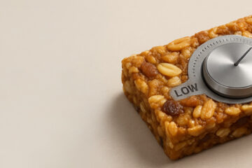 A granola bar with a knob for adjusting sweetness level