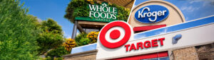 Whole Foods, Target, Kroger signs and logos. Logos are the property of each individual brand.