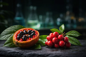 A single katemfe fruit and a cluster of oubli berries on a dark stone surface.