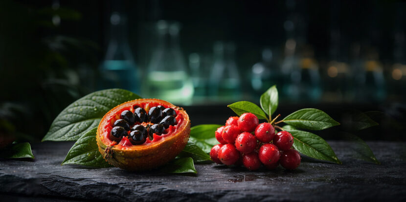 A single katemfe fruit and a cluster of oubli berries on a dark stone surface.