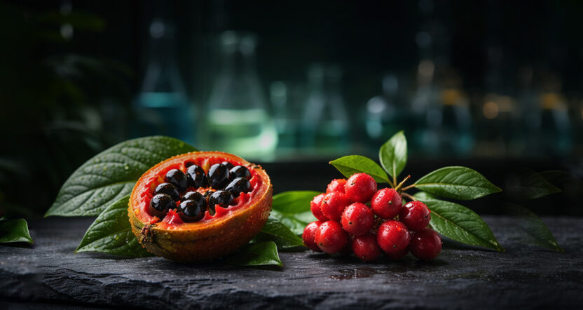A single katemfe fruit and a cluster of oubli berries on a dark stone surface.
