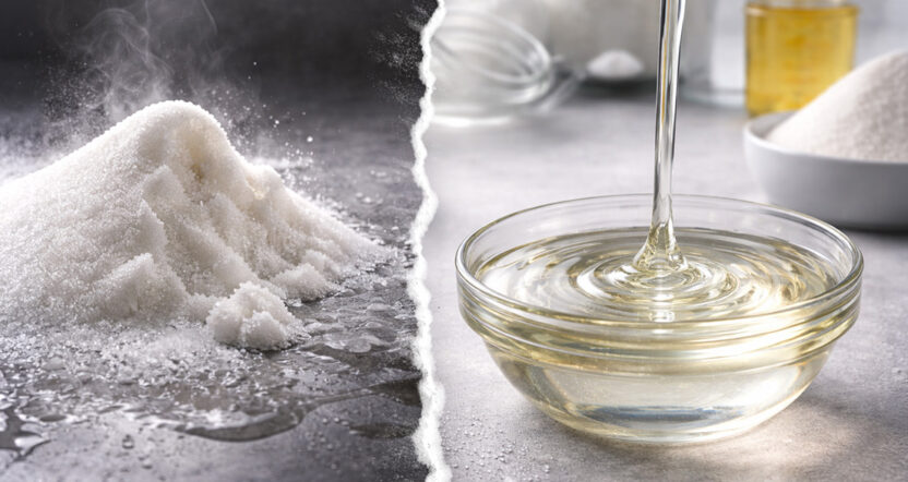 Sugar on the left, maltitol syrup on the right